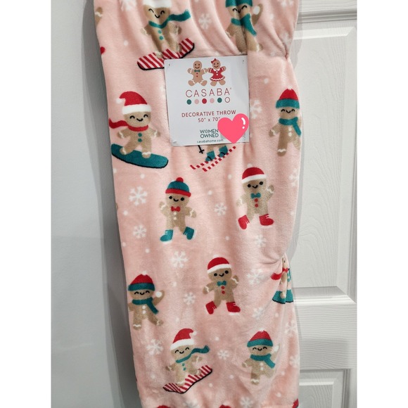 Holiday Pink Gingerbread Man Skiing Throw Blanket Plush Pastel Candy Land - Picture 1 of 3